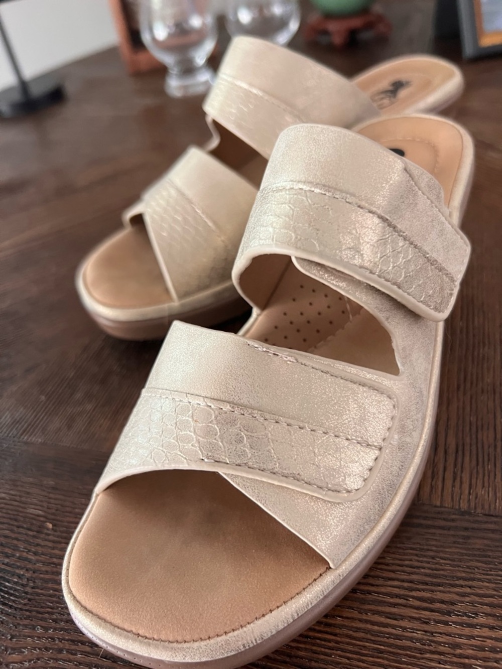 Women's Metallic Champagne Slide Sandals with Dual Straps
